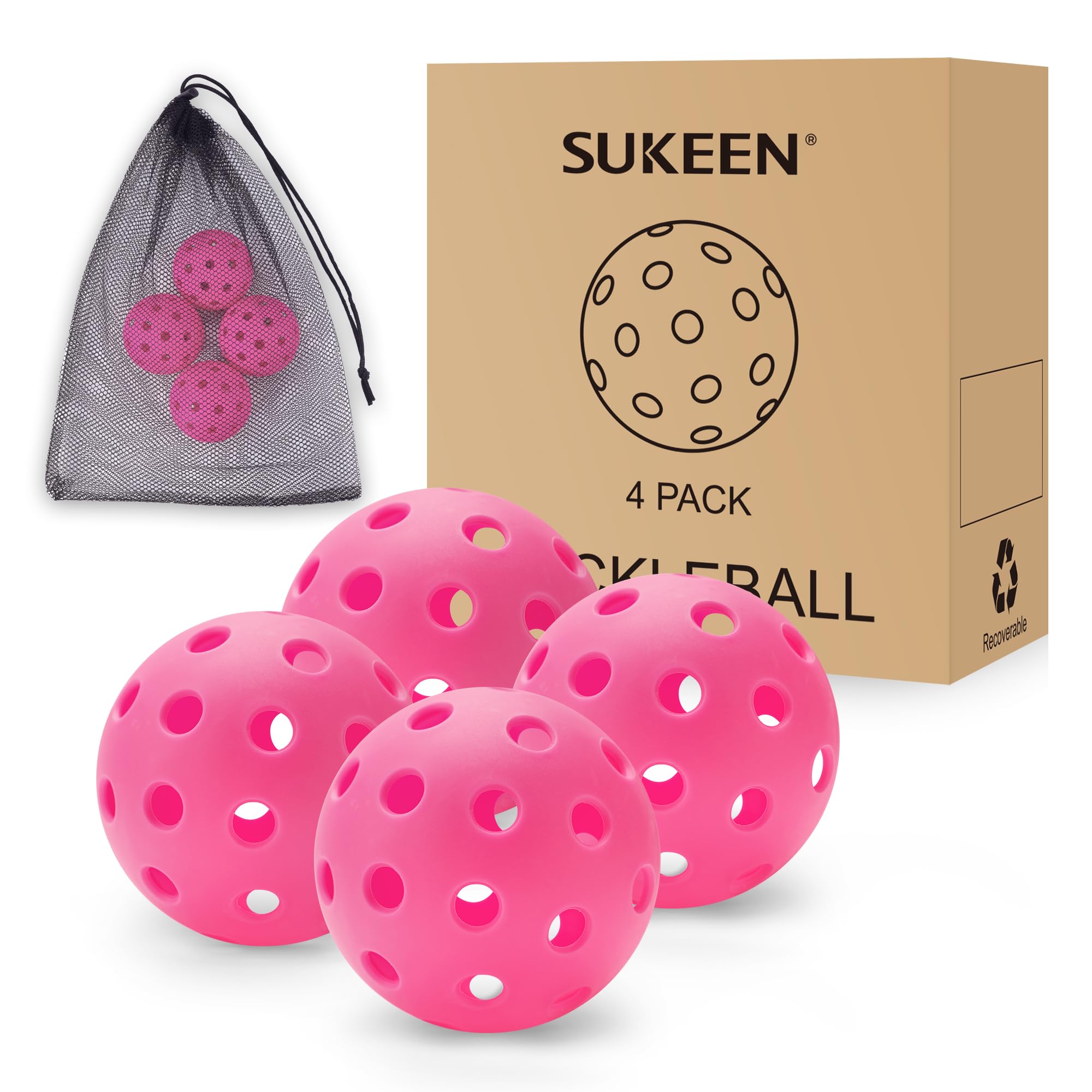 Sukeen Outdoor Pickleball Balls with Mesh Bag 40 Holes Pickleball Balls Outdoor High Bounce Pickle Balls for All Style Pickleball Paddles Pickleball Balls Bulk 4 Pack Pickle Balls Balls Rose Red