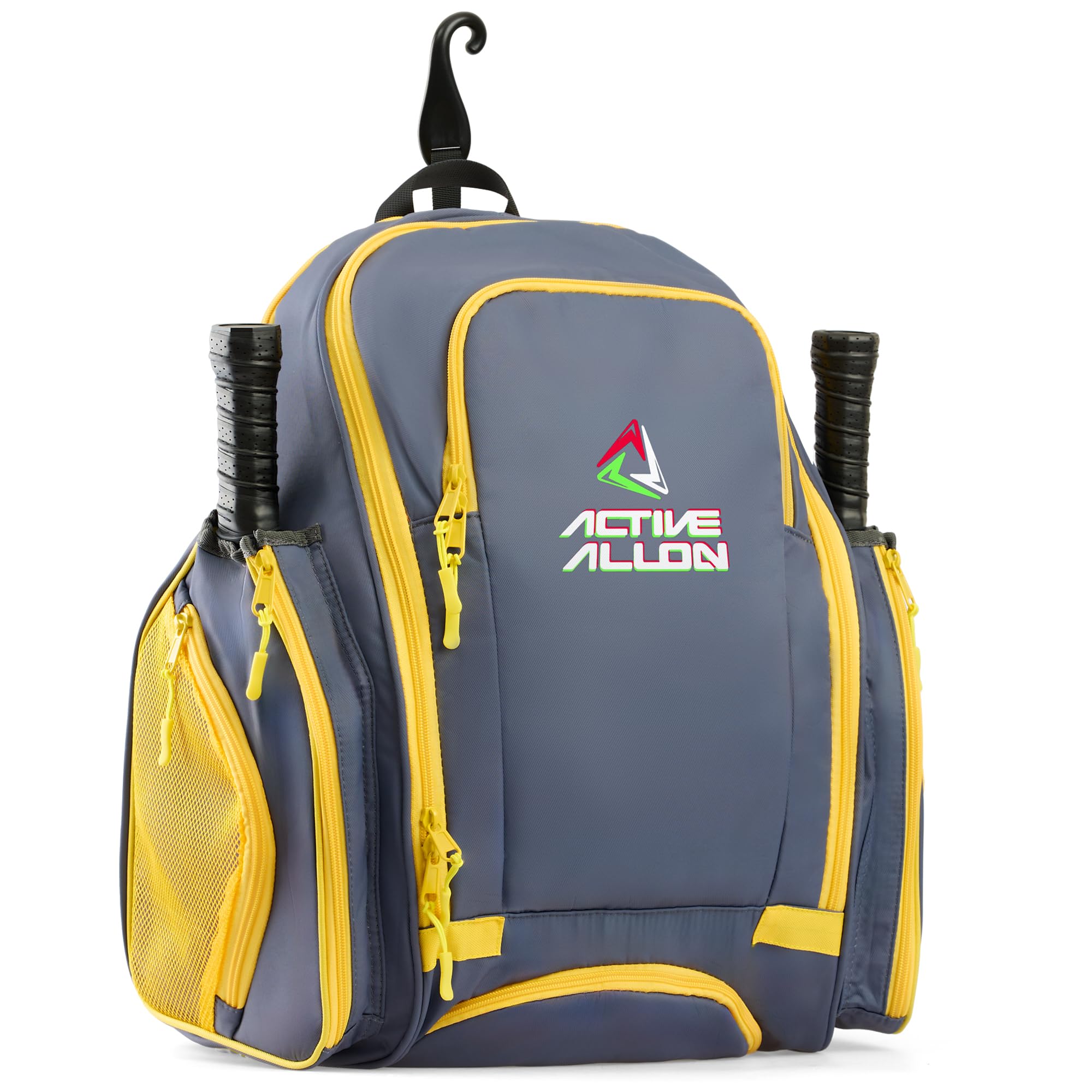 ACTIVE ALLON Pickleball Backpack - Durable Sling Bag for Men & Women Holds 2-4 Paddles with Fence Hook Shoe Compartment & Water Bottle Holder (Gray & Yellow)