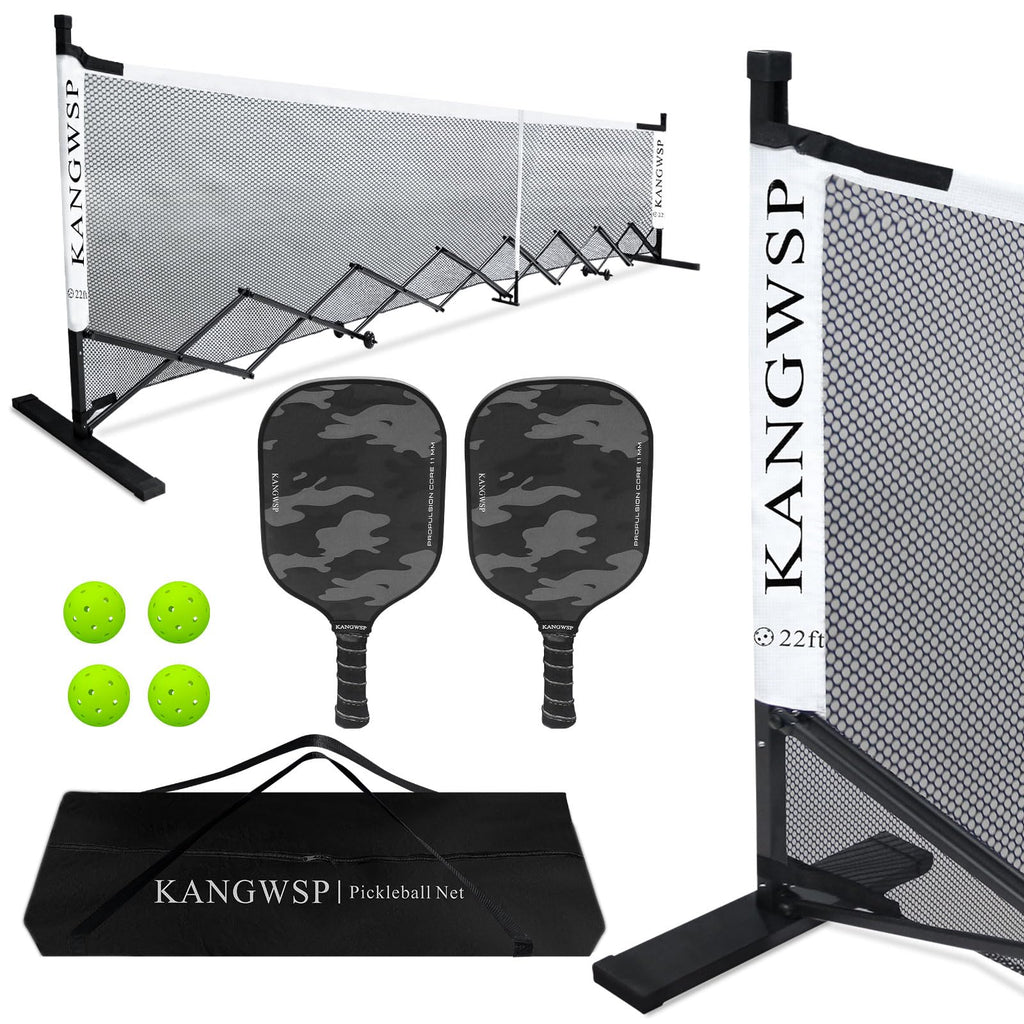 KANGWSP Automatic Foldable Pickleball Net Portable Free Assembly Regulation Size 22FT with Wheels with Pickle Balls and Paddles for Backyards DrivewaysGarages
