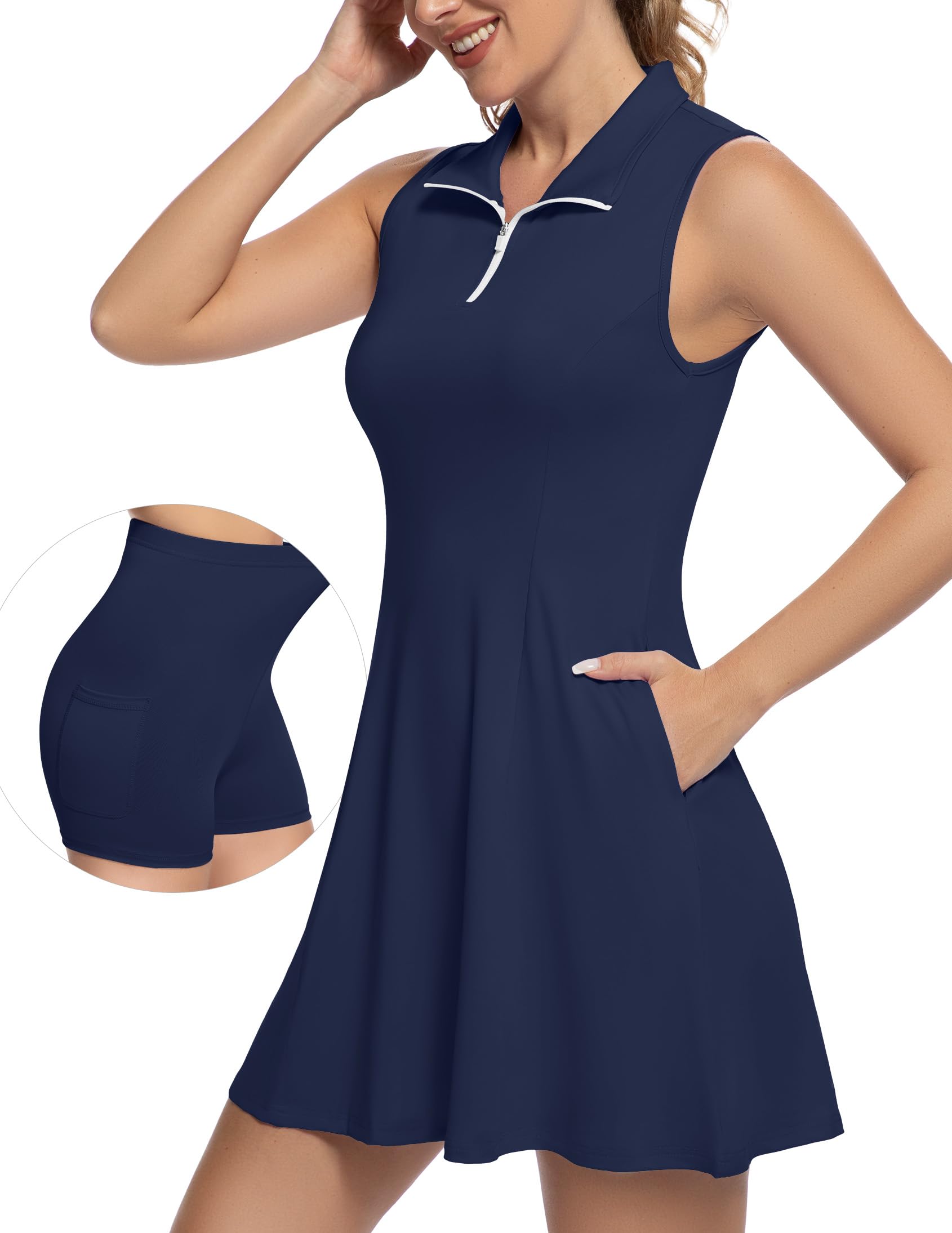 LOVRUBY Womens Tennis Workout Golf Dress with Shorts 3 Pockets UPF 50+ Active Sport Athletic Pickleball Outfits for Women Midnight Blue
