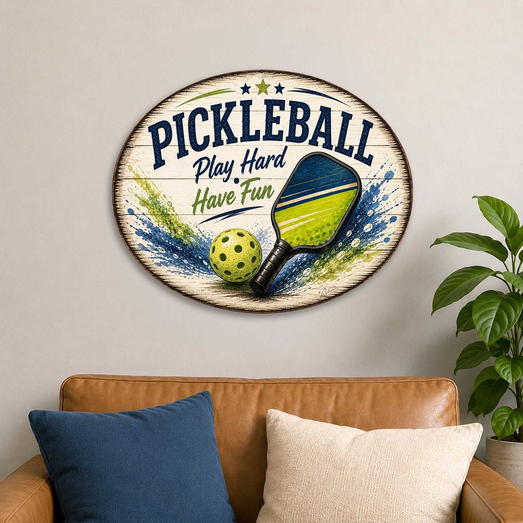 Pickleball Play Hard Have Fun Wall Decor – Rustic Pickleball Sports Sign – 22x18 Wall Art by G. Debrekht - 8652881H-0