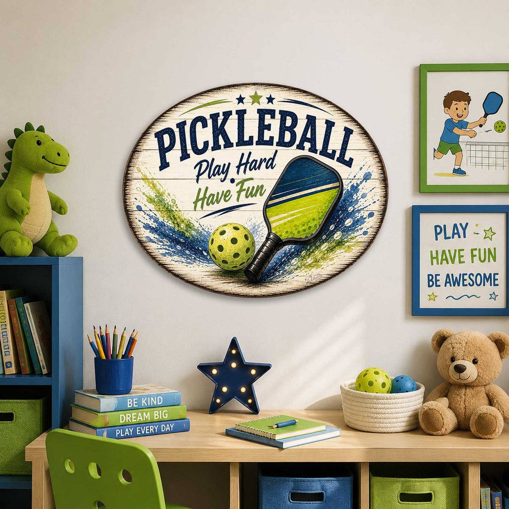 Pickleball Play Hard Have Fun Wall Decor – Rustic Pickleball Sports Sign – 22x18 Wall Art by G. Debrekht - 8652881H-1