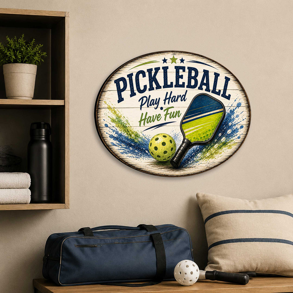 Pickleball Play Hard Have Fun Wall Decor – Rustic Pickleball Sports Sign – 22x18 Wall Art by G. Debrekht - 8652881H-2