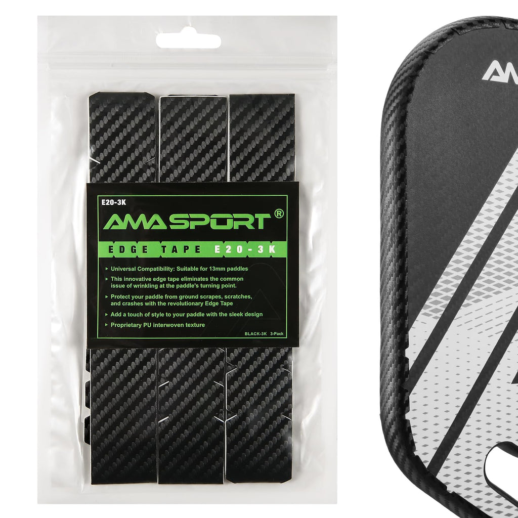 AMA SPORT Pickleball Paddle Edge Guard Tape 3 Pack 3K Texture Edge Protection Tapes 20mm Width Paddle Edge Cover Perfectly Fits Curved Edge Without Wrinkling (Black)