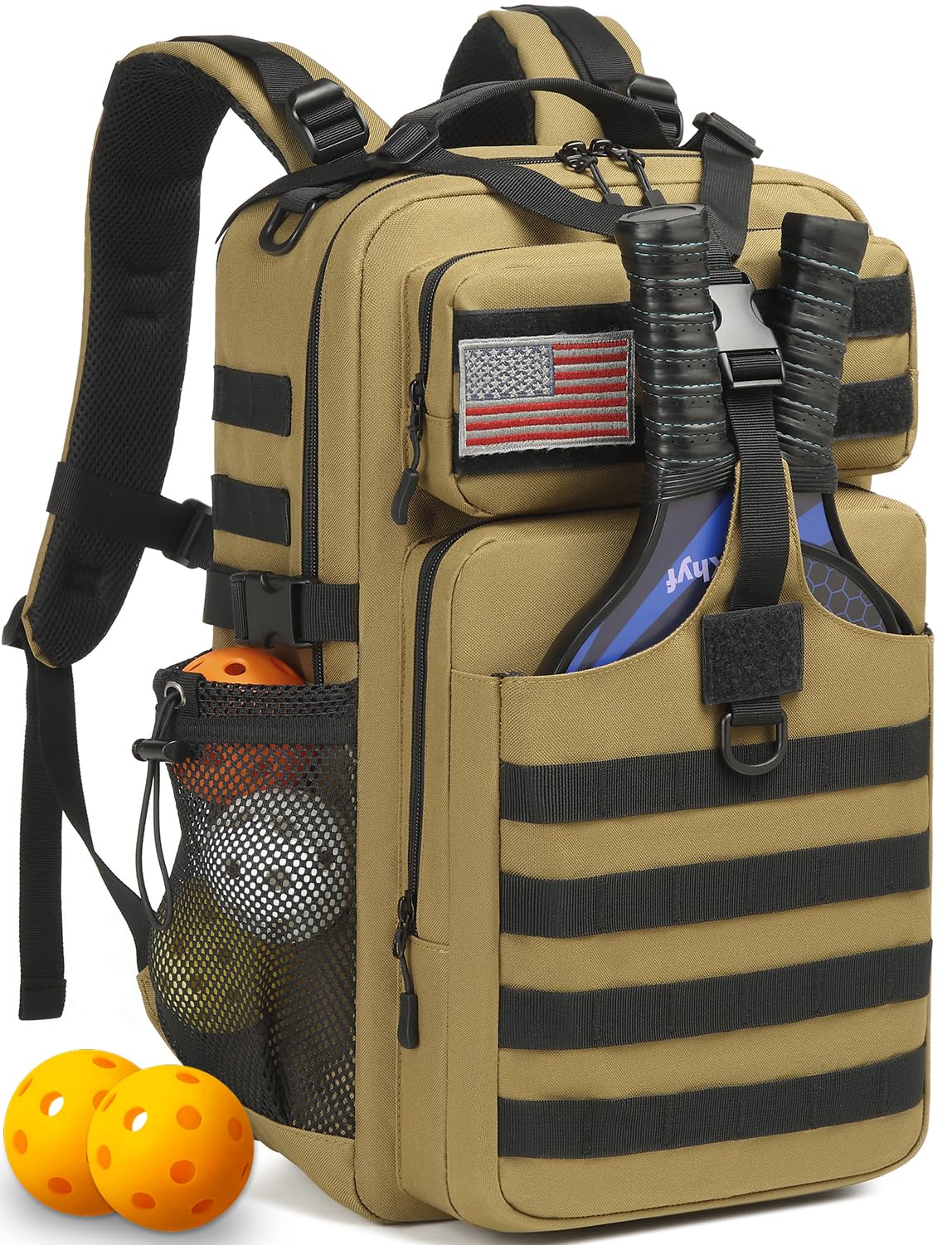 BISKLNDN Pickleball Backpack for Men and Women Tactical Pickleball Paddle Bag with Molle System Design Black + Brown