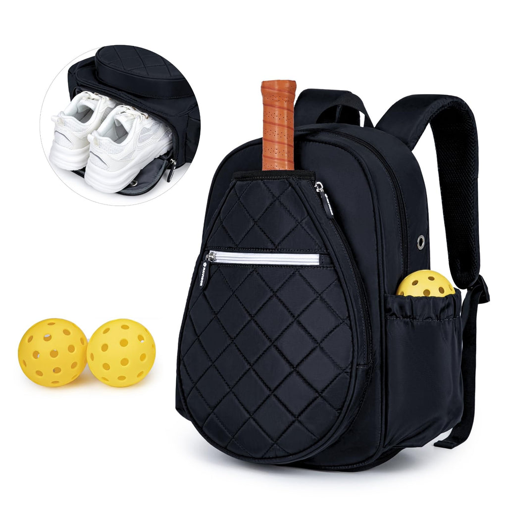 KAVIGOR Pickleball Bag Quilted Pickleball Backpack with Shoe Compartment & Waterproof Pocket Pickle Ball Paddle Bag Fits 2 to 4 Paddles for Women and Men Black