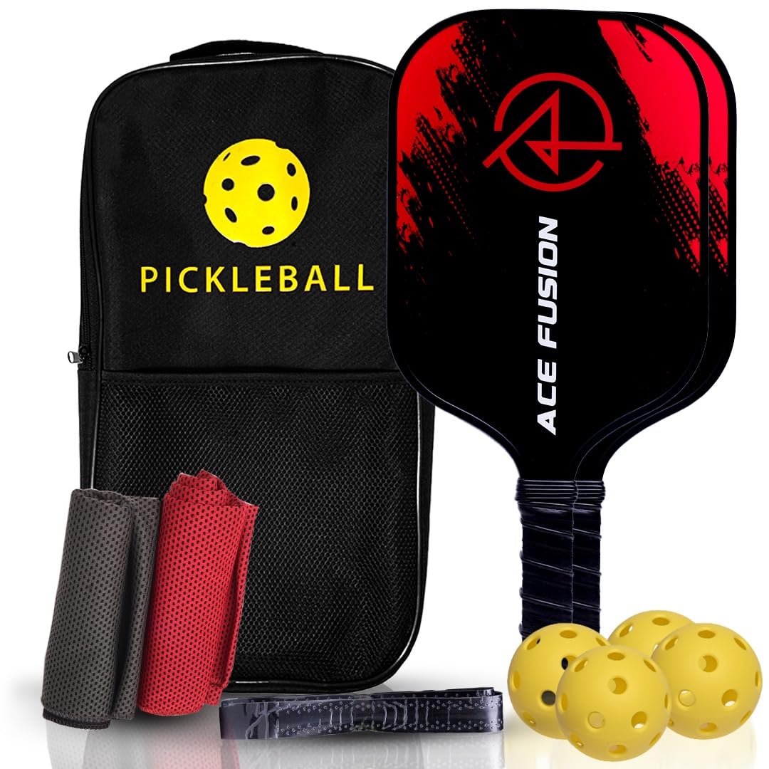 ACE FUSION - Pickleball Paddles Set of 2 with Premium Fiberglass Surface 2 Pickleball Rackets 4 Pickleballs1 Portable Carry Bag Pickle Ball Paddle Set for Beginners to Pros