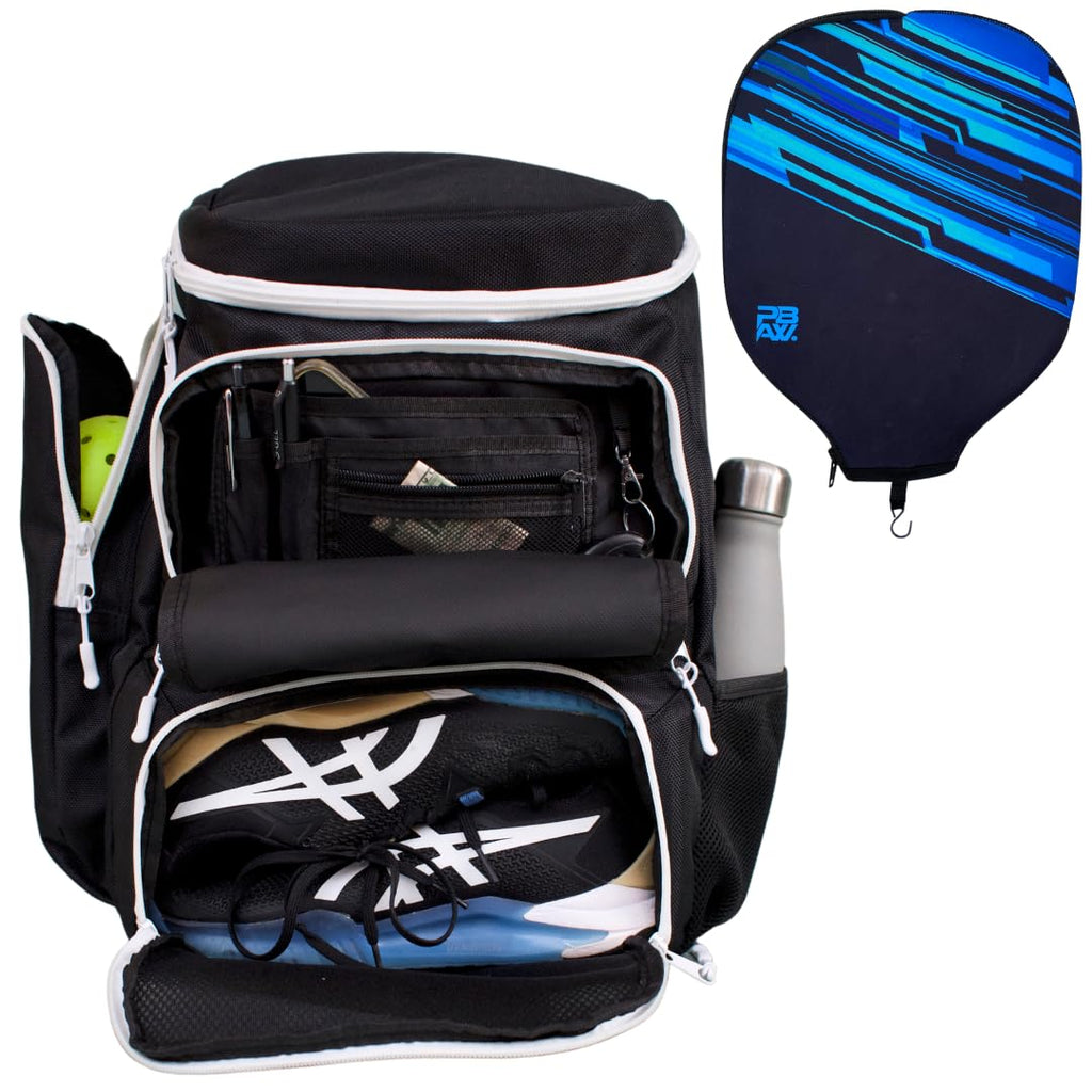 Pickleball Backpack & Paddle Cover - Large Pickle Ball Bag for Men and Women - Pockets for Water Bottles Balls Shoes (Black/White Backpack + Blue Cover)