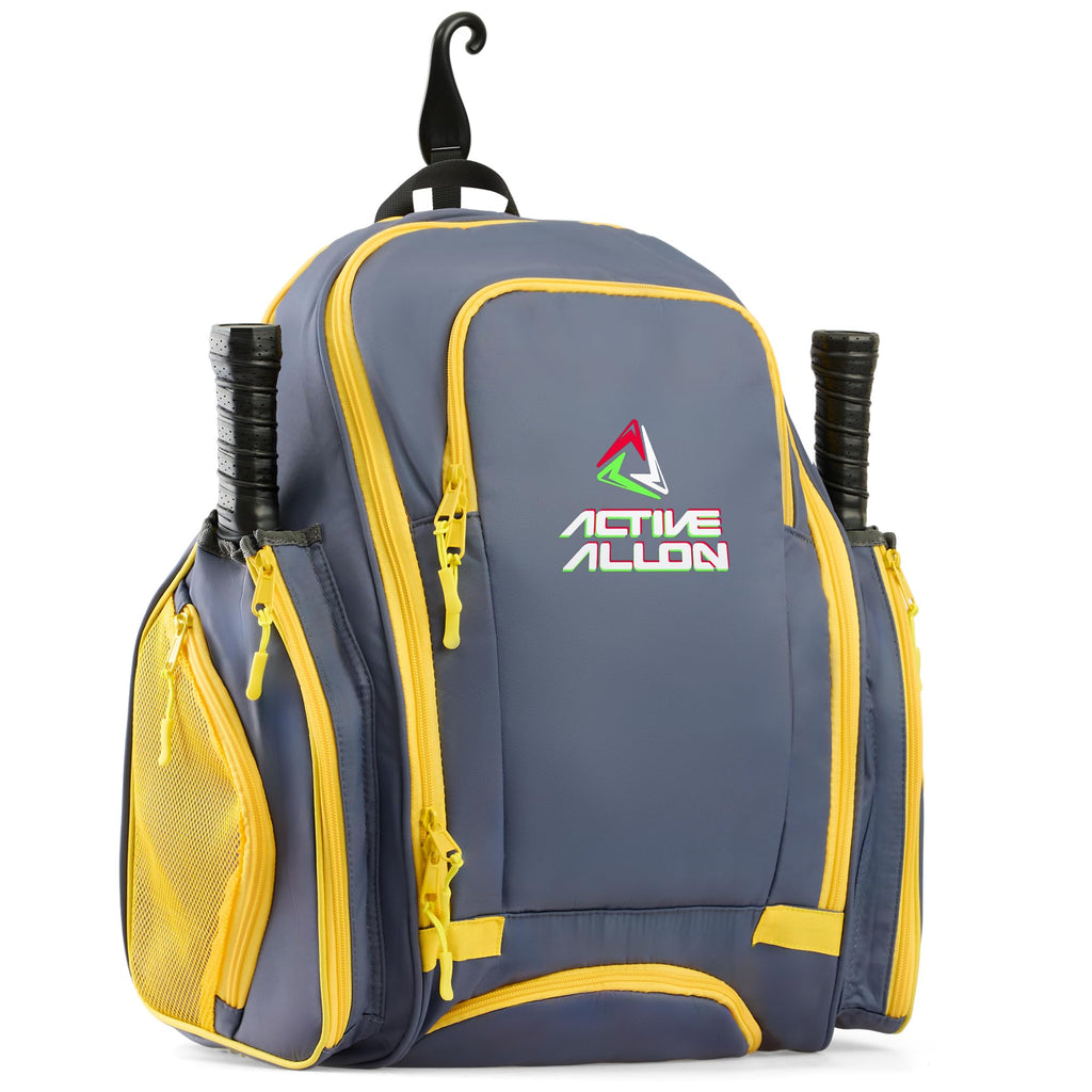 ACTIVE ALLON Pickleball Backpack - Durable Sling Bag for Men & Women Holds 2-4 Paddles with Fence Hook Shoe Compartment & Water Bottle Holder (Gray & Yellow)